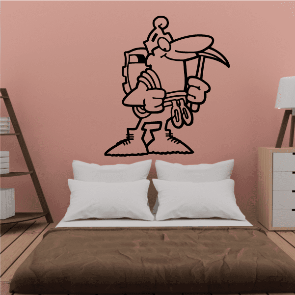 Rock climbing wall decal: cartoon climber holding rope and harness, black line art.