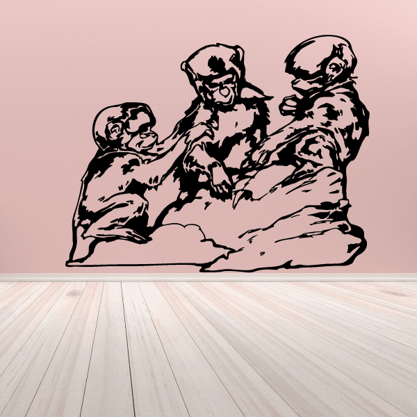 Rock climbing wall vinyl decal of three muscular climbers in rock pose
