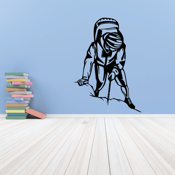 Rock climber vinyl wall decal, black silhouette with harness and rope
