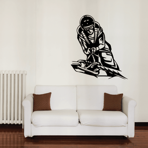 Rock climbing wall decal of a helmeted climber holding a handhold