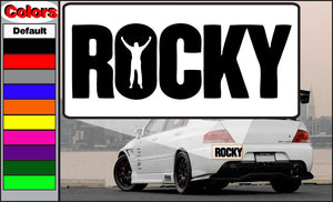 ROCKY car decal with bold black lettering on white background