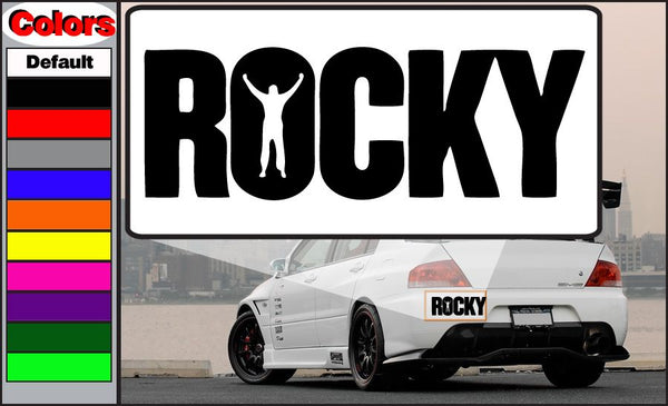 ROCKY car decal with bold black lettering on white background