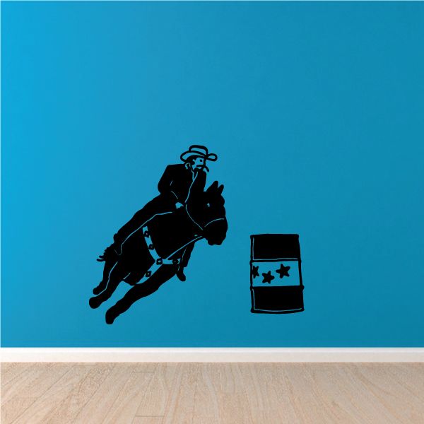 Rodeo barrel racing vinyl wall decal with cowboy silhouette and barrel icon