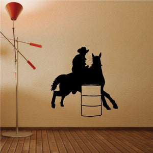 Cowboy on horse with barrels vinyl wall decal, black silhouette