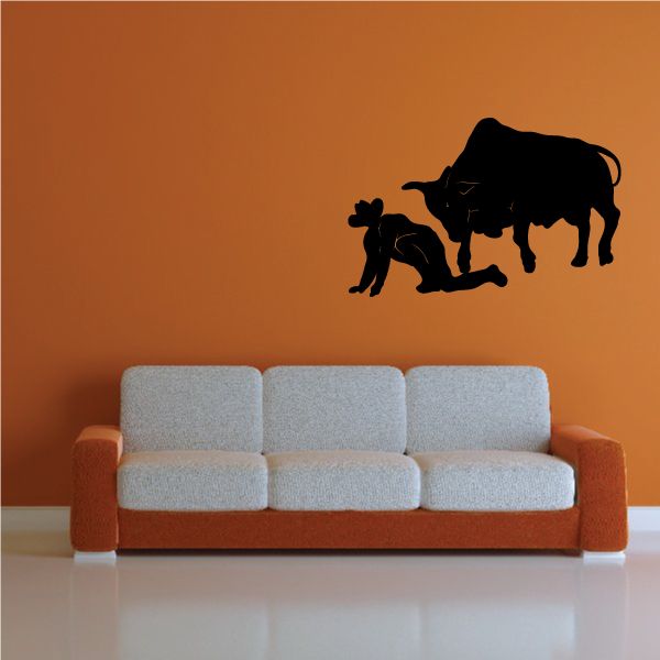 Black rodeo bull riding wall decal with bull and rider silhouettes