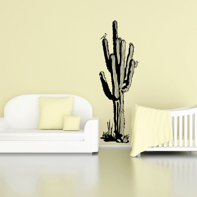Black cactus wall decal with spines, vinyl silhouette