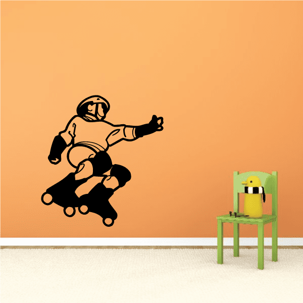 Roller skating wall vinyl decal, black cartoon skater with roller skates