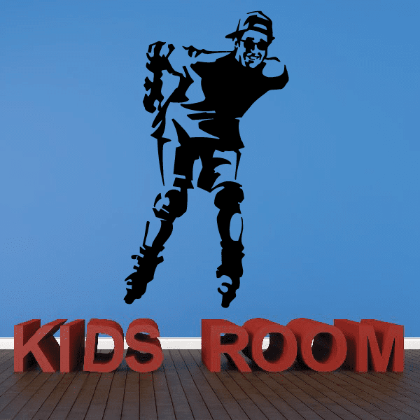 Roller blading wall decal with black skater silhouette and 'KIDS ROOM' lettering