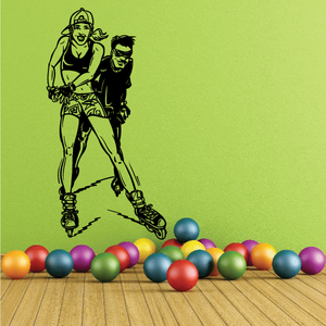 Roller blading wall decal with two skaters and colorful rolling balls, vinyl sticker