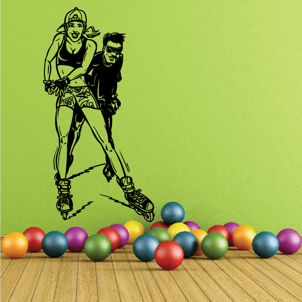 Roller blading wall decal with two skaters and colorful rolling balls, vinyl sticker