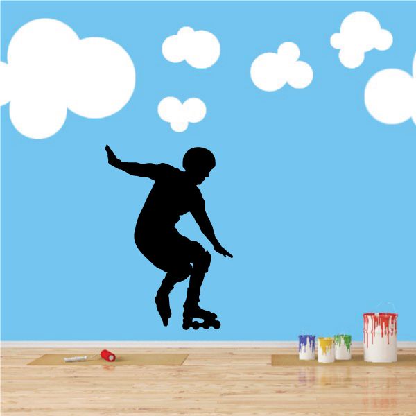 Rollerblading silhouette vinyl wall decal with cloud shapes