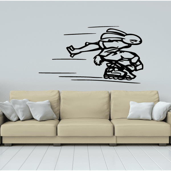 Black rollerblading wall vinyl decal with helmeted skater silhouette