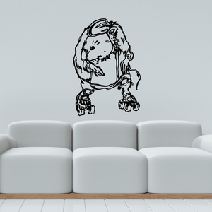 Vinyl wall decal of a rollerblading dog in black line art