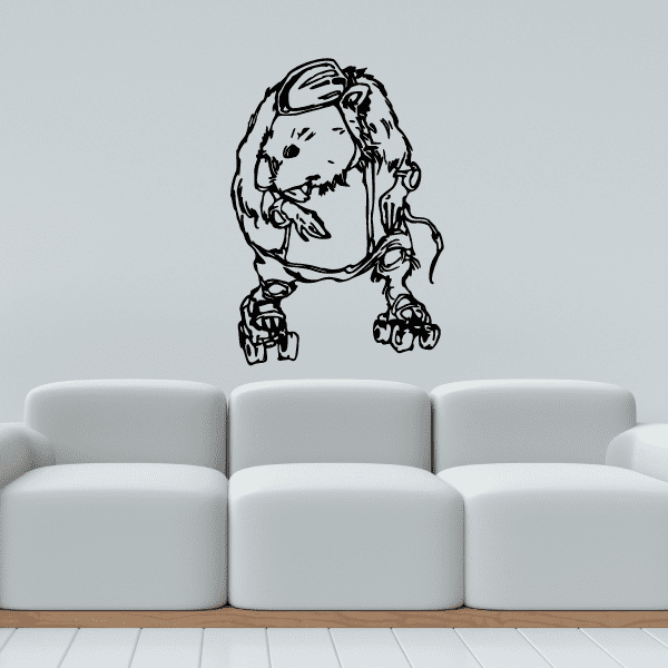 Vinyl wall decal of a rollerblading dog in black line art