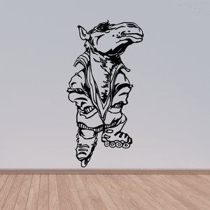 Rollerblading animal vinyl wall decal, black line art with roller skates
