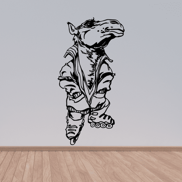Rollerblading animal vinyl wall decal, black line art with roller skates
