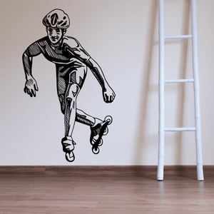Rollerblading wall decal with black outline cartoon skater on skates
