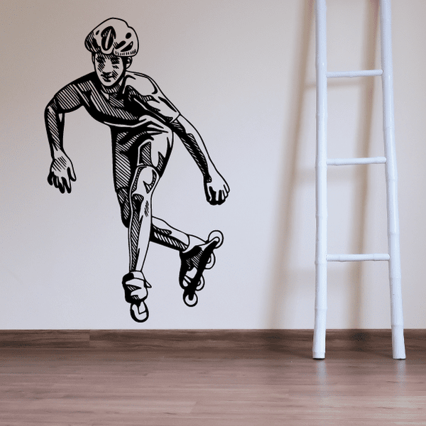 Rollerblading wall decal with black outline cartoon skater on skates