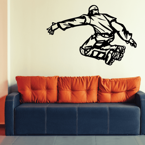 Rollerblading wall vinyl decal featuring black rollerblade athlete silhouette