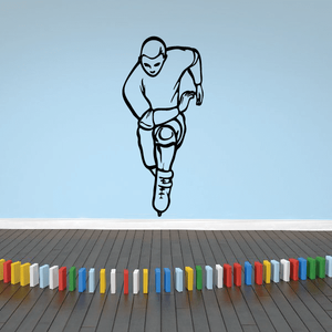Rollerblading wall decal of a cartoon skater with rollerblades, light blue and black outline