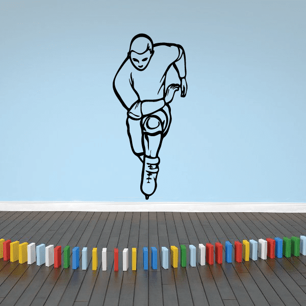 Rollerblading wall decal of a cartoon skater with rollerblades, light blue and black outline
