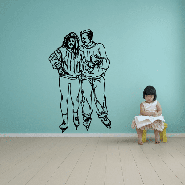 Vinyl wall decal of rollerblading figures: two adults with a child, black outline