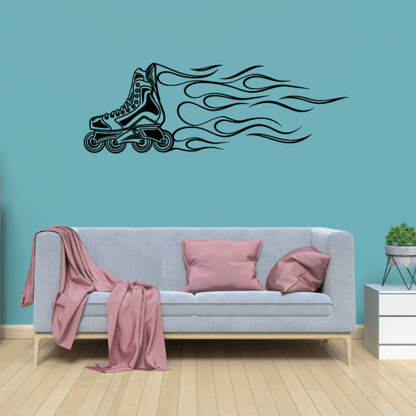 Rollerblading wall decal featuring roller skates with flame-style motion lines