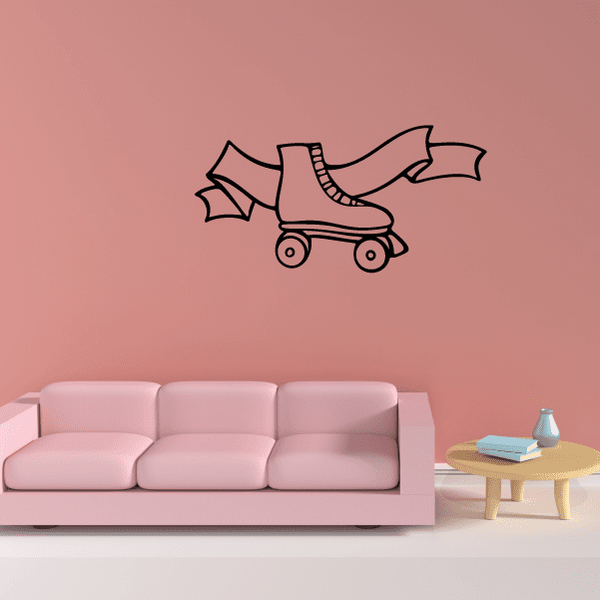 Rollerblading wall decal: pink roller skates with laces and four wheels