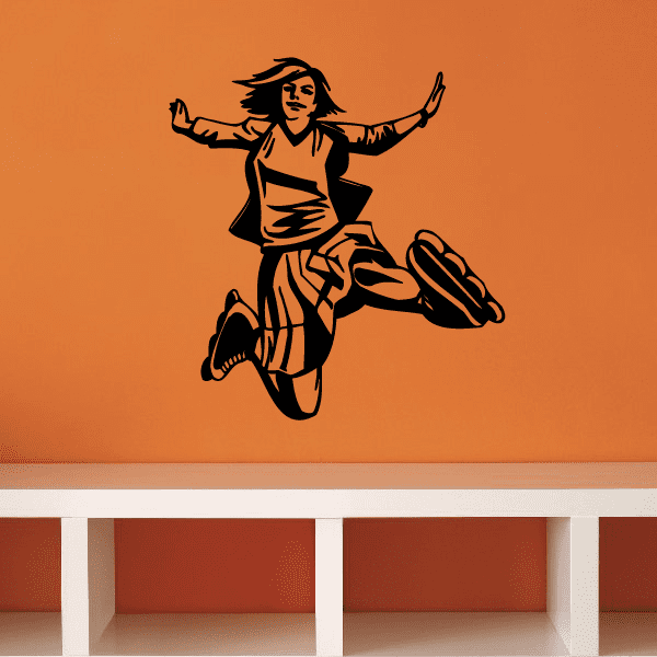 Vinyl wall decal of a rollerblading woman with a dog, black design