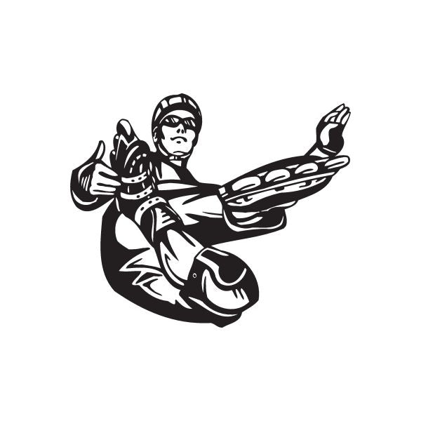 Black rollerblading vinyl decal with helmeted skater holding board, smiling cartoon style