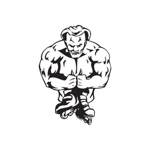 Vinyl wall decal of a muscular rollerblading character in black outline