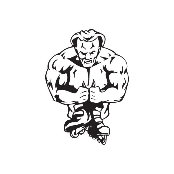 Vinyl wall decal of a muscular rollerblading character in black outline
