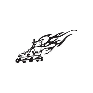 Black and white rollerblading skate vinyl wall decal with flame-style flame shapes