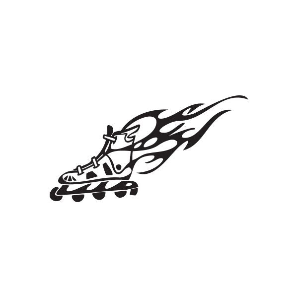 Black and white rollerblading skate vinyl wall decal with flame-style flame shapes