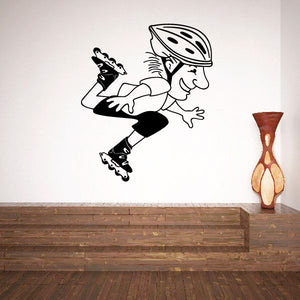 Rollerblading wall decal with helmeted cartoon skater, roller blades, black outline