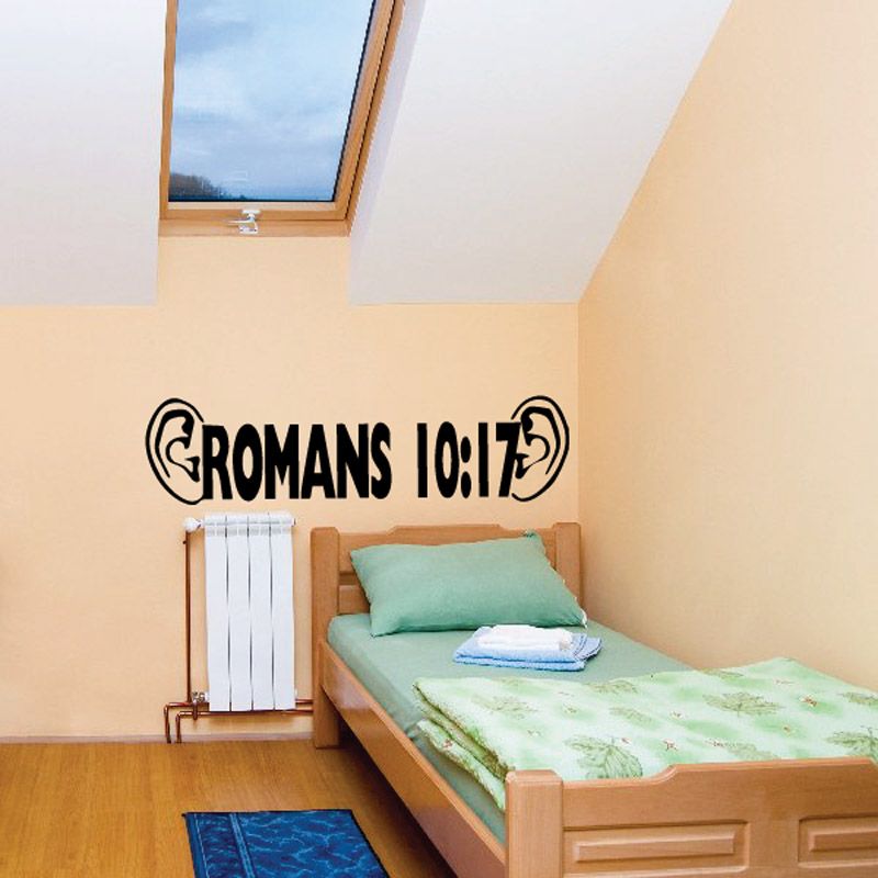 Romans 10:17 wall decal, bold black lettering with ornate border