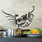 Black rooster and flower wall decal with swirling vines and petals