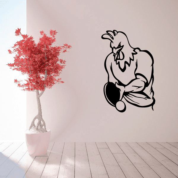 Rooster ping pong player wall decal, black outline with paddle and ball
