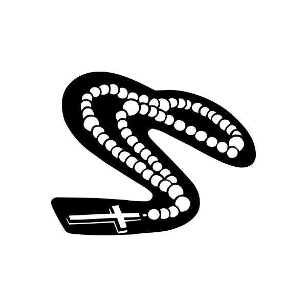 Rosary necklace decal with white bead loop and cross on dark background