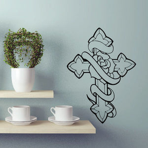 Rose cross wall decal with scroll accents, black outline floral design