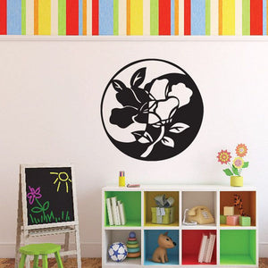 Black circular yin yang wall decal with rose and leaf pattern