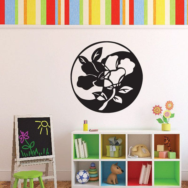 Black circular yin yang wall decal with rose and leaf pattern