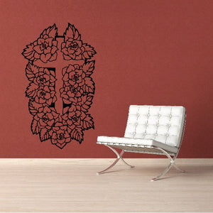 Floral cross wall decal with roses, black outline