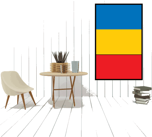 Rectangular sticker showing Romania flag: blue top, yellow middle stripe, red bottom.