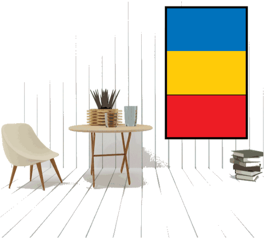 Rectangular sticker showing Romania flag: blue top, yellow middle stripe, red bottom.