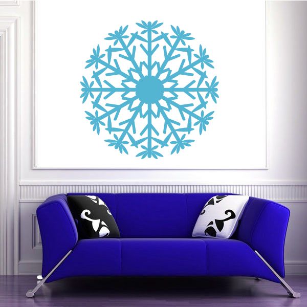 Round snowflake wall decal, blue intricate snowflake pattern