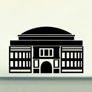 Black building facade decal with arched doorway and symmetrical window rows