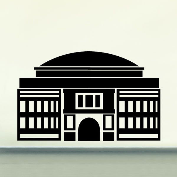 Black building facade decal with arched doorway and symmetrical window rows