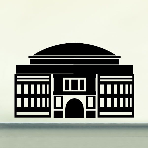 Black building facade decal with arched doorway and symmetrical window rows