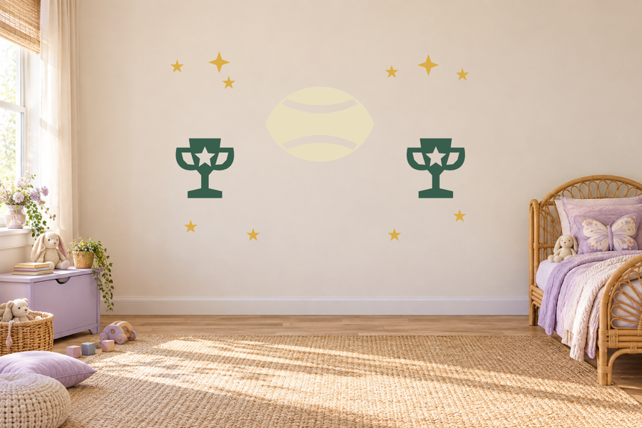 Rugby try time wall decal kit with trophies, rugby ball, and star accents